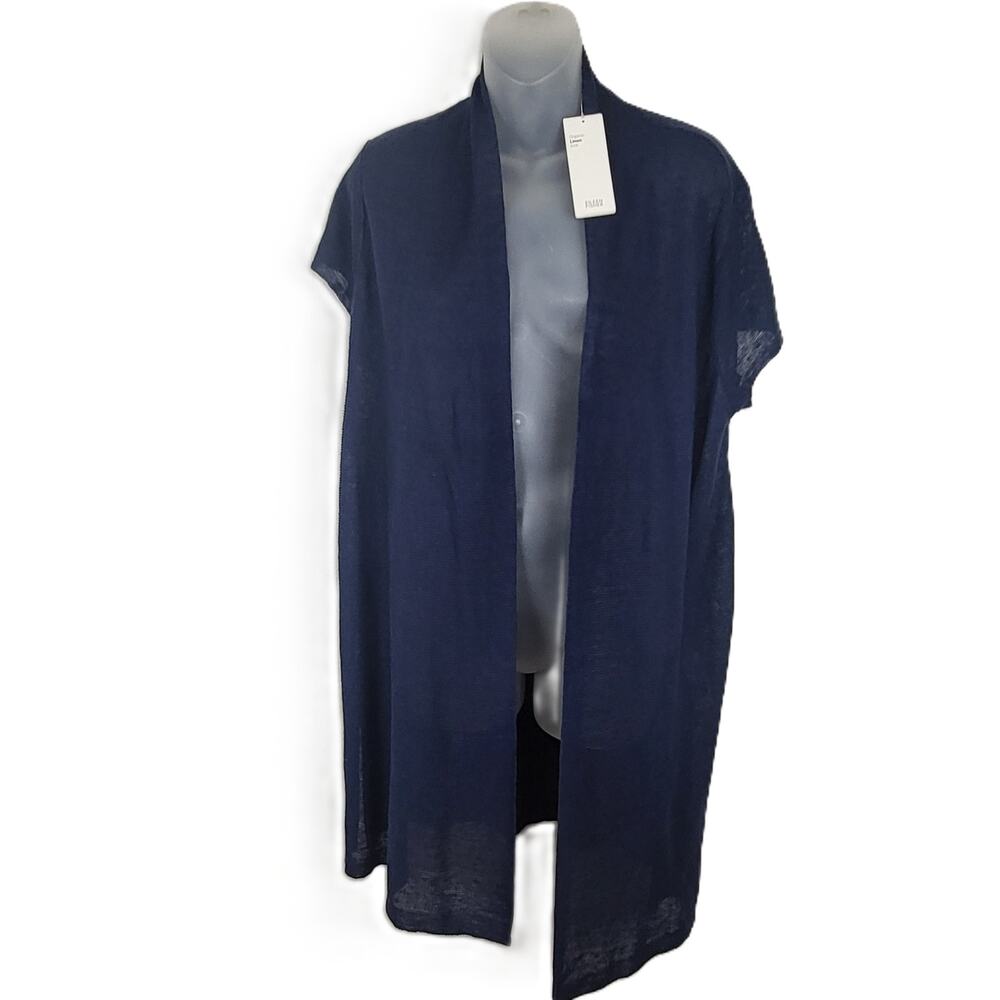 Eileen Fisher Organic Linen Cap Sleeve Long Cardigan in Indigo Blue L NWT $198